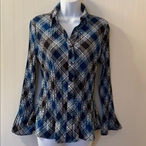 East 5th Blue Plaid Pleated Button Down Bl…